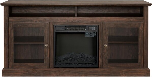 GulchesContemporaryTVMediaStandModernEntertainmentConsolewith18InchFireplaceInsertforTVUpto65InchesOpenandClosedStorageBrown