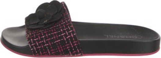 Chanel Tweed Slides From the 2017 Collection by Karl Lagerfeld Black & Pink Interlocking CC Logo, Camellia Accent & Tweed Pattern Designer