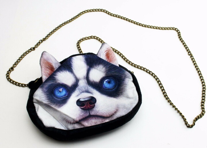 Smiling JuJu Mini Dog Face Crossbody Bag Purse 3D Print Cute Blue Eyed Husky w/ Chain Strap KT00071