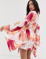 Thumbnail for your product : ASOS DESIGN sunray palm print exaggerated sleeve beach kimono