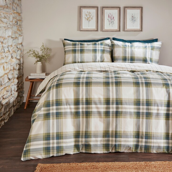 Dunelm Piper Green Check 100 Brushed Cotton Duvet Cover and Pillowcase