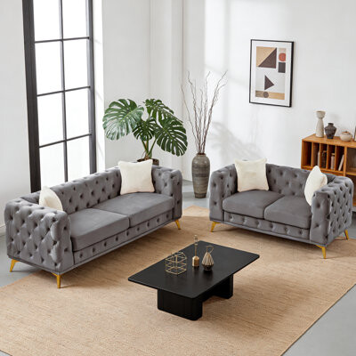 Latitude Run Mid-Century Velvet Chesterfield sofa Set with Button Tufting & Metal Legs