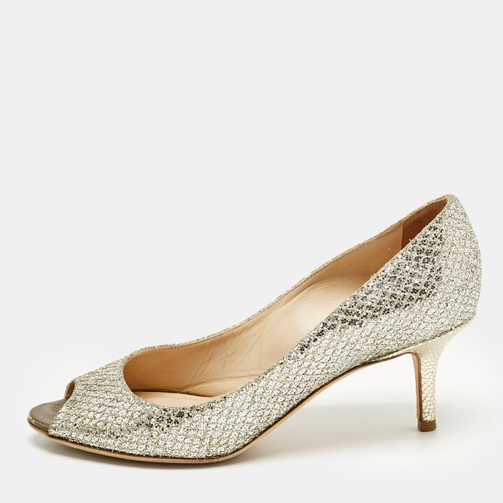 Jimmy Choo Silver Glitter Isabel Peep Toe Pumps