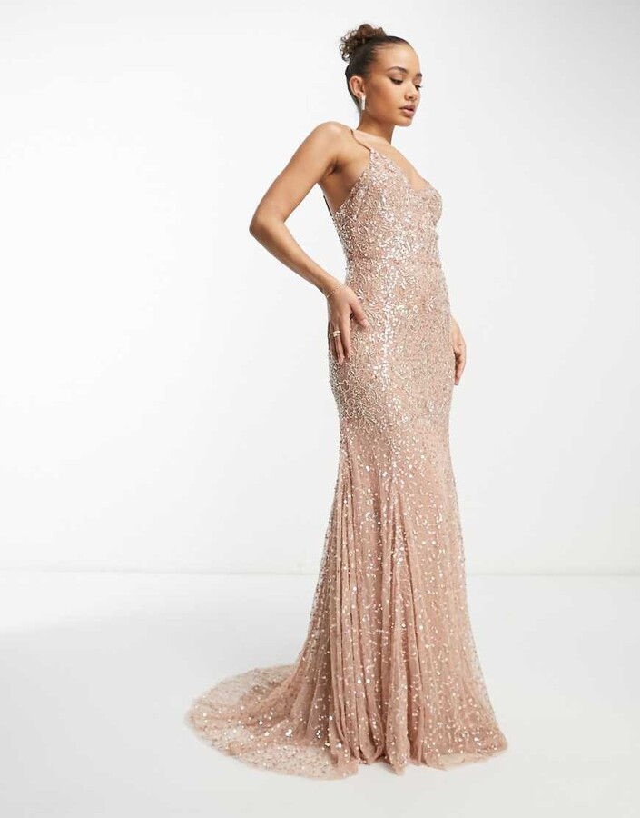 Beauut Bridesmaid all over embellished maxi dress with train in taupe
