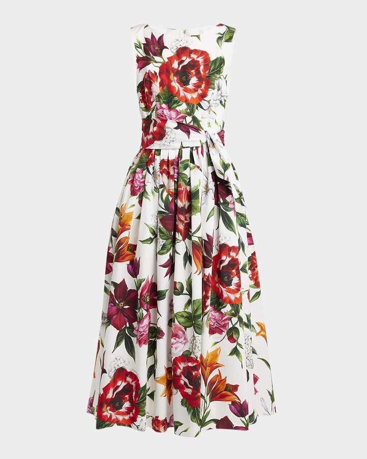 Dolce & Gabbana Anemone Floral Pleated Popeline Midi Dress With Belt