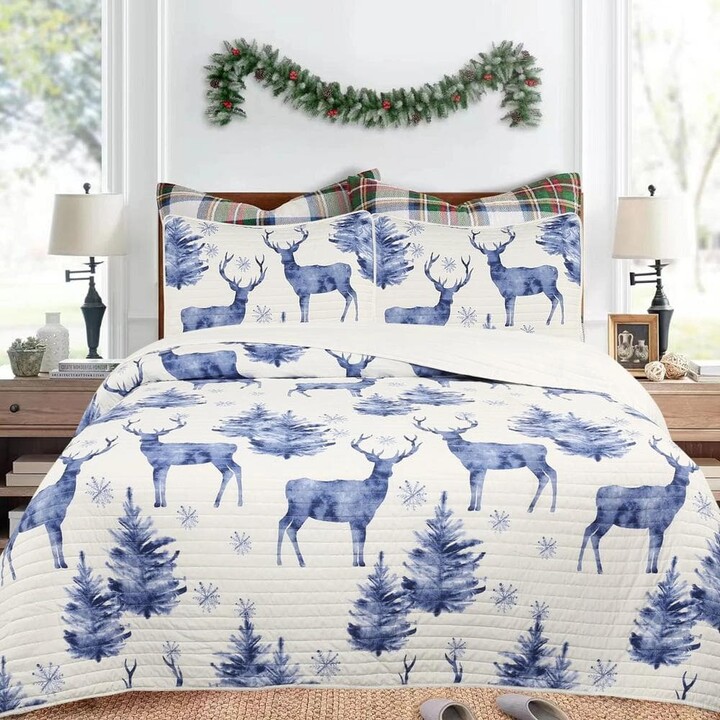 MarCielo 2596836 Christmas Blue Deer Snowflake Queen Size Polyester Quilt Bedspread Set