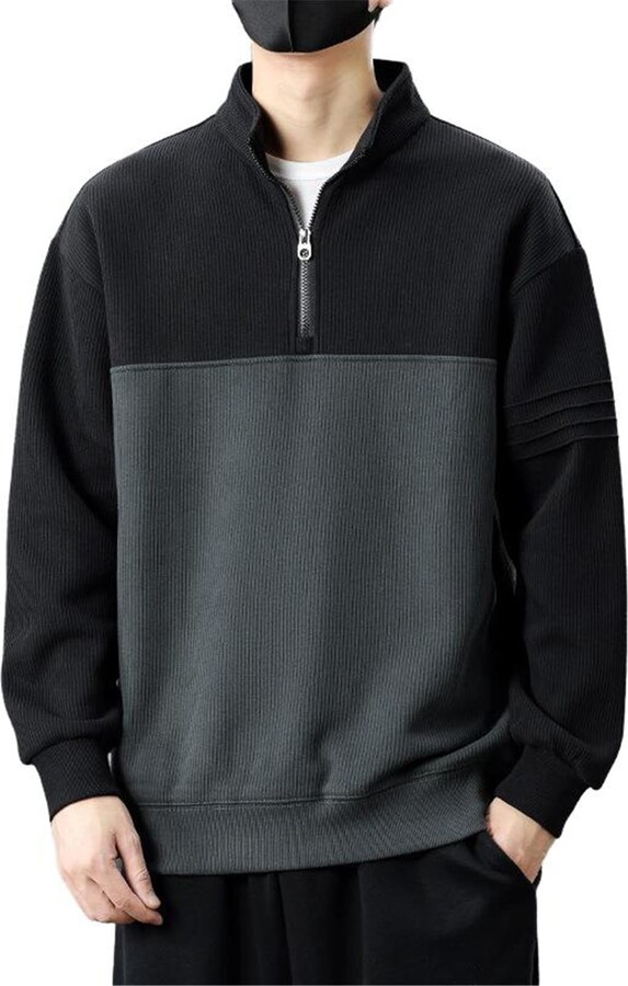 AXGGZTJZ Men's Minimal Embroidery Collar Half-Zip Sweatshirt Spring Casual Jacket-Dark Grey-Small