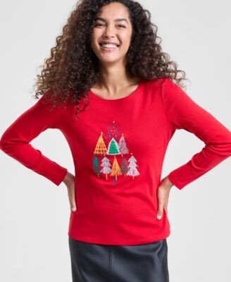 Holiday Lane Womens Festive Trees Long Sleeve Top Macys Exclusive
