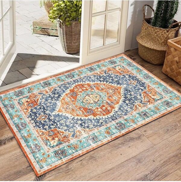 coucheta4x6ftWashableAreaRugVintageDistressedLowPileNon-SlipCarpetforIndoorFloorDecorforLivingRoomBedroomDiningRedandBlue