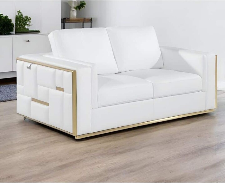 HomeRoots 73 in. White Solid Leather 2-Seater Loveseat