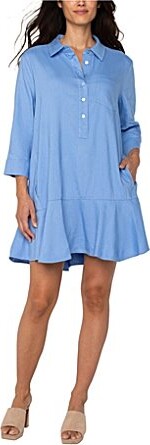 Liverpool Los Angeles Stretch Linen Blend Point Collar 34 Sleeve Shirt Dress