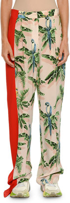 Stella McCartney Birds of Paradise Print Wide-Leg Lounge Pants w/ Solid Stripe
