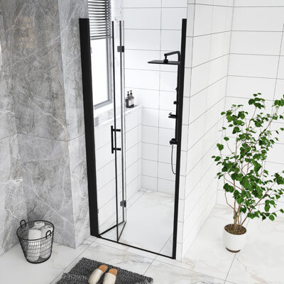 TCYO 34.In W X 72.In H Bifold Shower Door 1/4 In Thick Tempered Glass Matte Black Aluminum Frame Explosion Proof Film