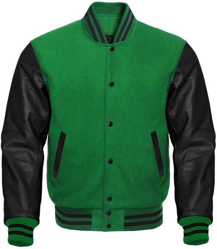 Fashion First Men's Green Varsity Letterman College Baseball Jackets Fleece Bodice And Faux PU