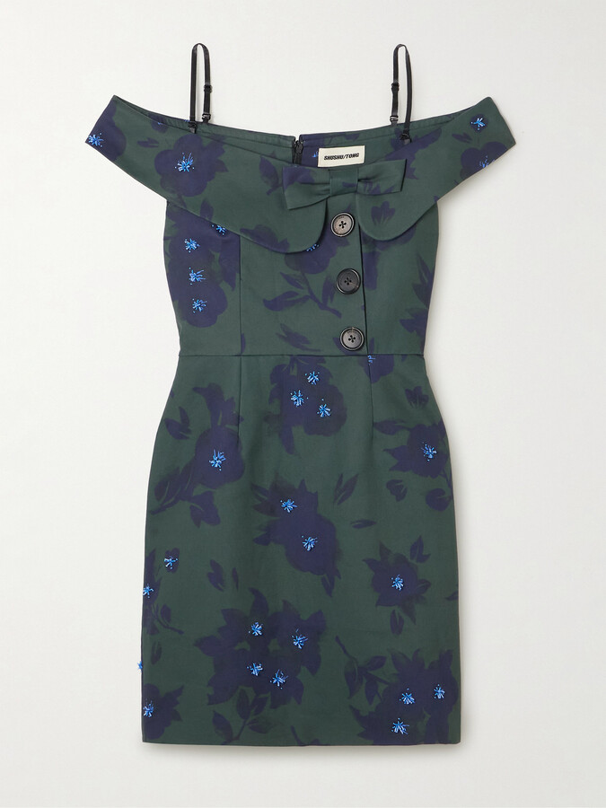 SHUSHU/TONG Asymmetric Off-the-shoulder Embellished Floral-print Cotton Mini Dress - Green