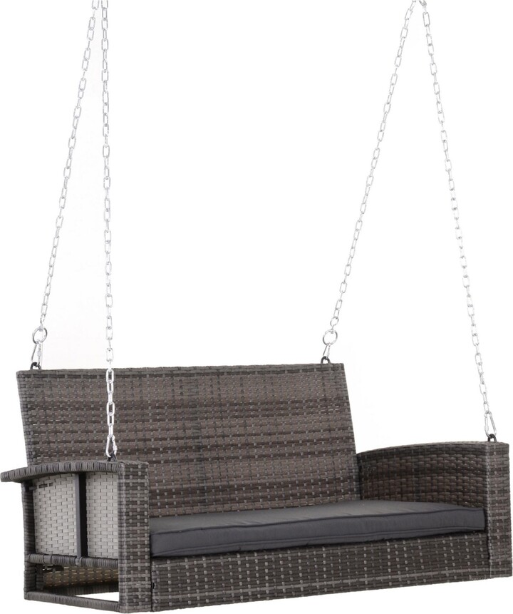 Flynama 2 Person Wicker Hanging Swing Bench, Front Porch Swing Outdoor Chair with Cushions 550 lbs. Weight Capacity for Backyard, Garden, Grey