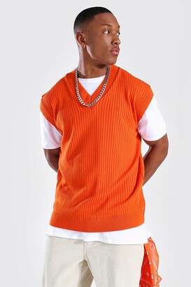 boohoo Mens Orange Knitted V Neck Oversized Vest, Orange
