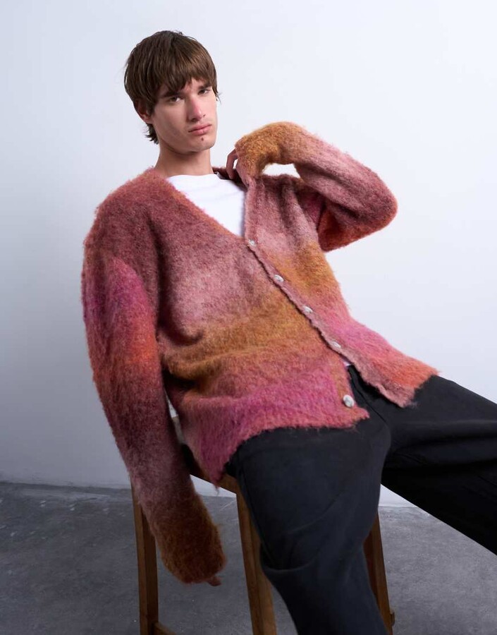 Topman oversized fit fluffy knit cardigan with ombre in burgundy