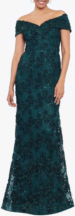 Xscape Embroidered Off-the-Shoulder Short Sleeve Lace A-line Gown