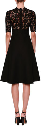 Valentino Lace-Yoke Half-Sleeve Dress, Black