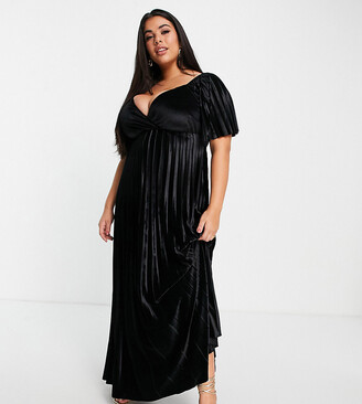 ASOS Curve ASOS DESIGN Curve twist back empire waist pleated velvet maxi dress in black