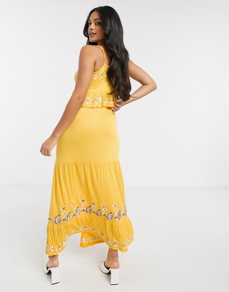 ASOS DESIGN cami button front maxi dress with embroidery in yellow