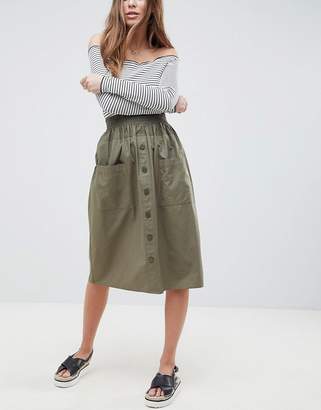 ASOS Design Cotton Midi Skirt With Button Front
