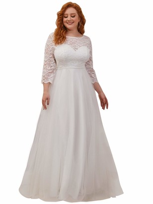 Ever Pretty Ever-Pretty Women's Elegant Round Neck Lace Long Sleeve Empire Waist A line Floor Length Prom Dresses Plus Size with Sweep Train White 26UK