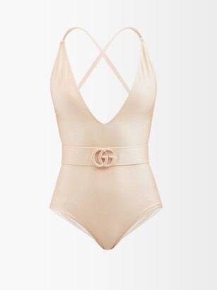 Gucci GG-plaque Belted V-neck Jersey Swimsuit - Nude - ShopStyle