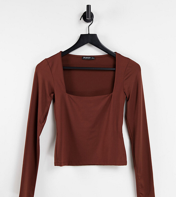 Stradivarius square neck long sleeve jersey top in brown - ShopStyle