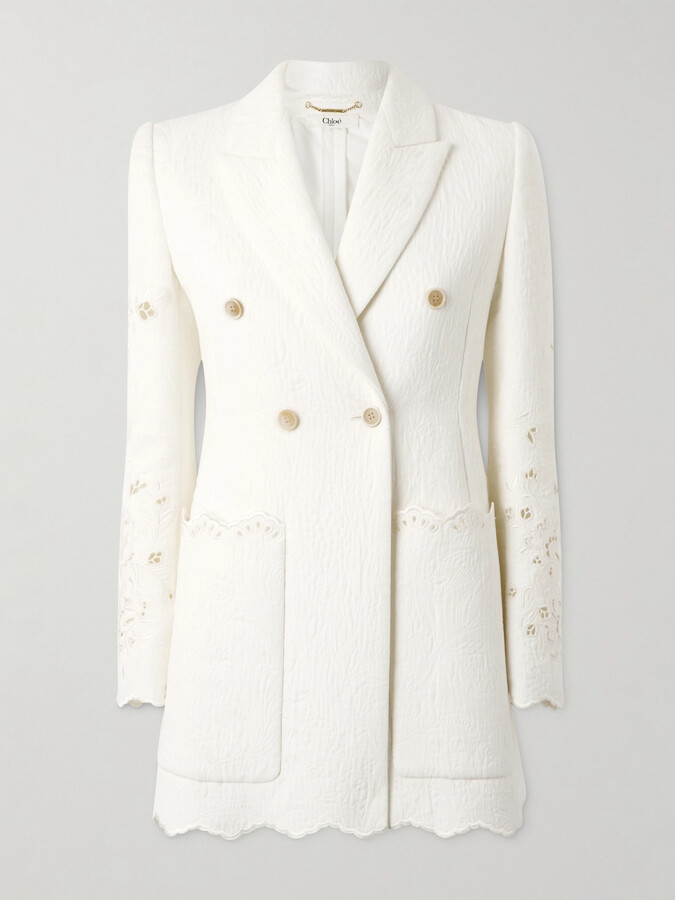 Chloé Double-breasted Broderie Anglaise Cotton-blend Cloqué Blazer - White