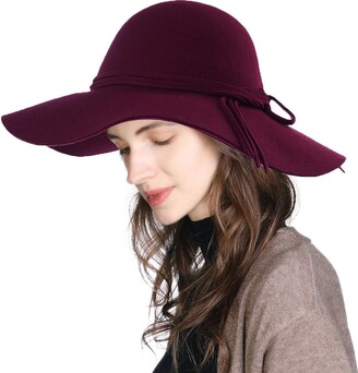 Jeff & Aimy Ladies 100% Wool Felt Wide Brim Floppy Fedora Hats for Women Winter Church Derby Party Hats Fashion Burgundy