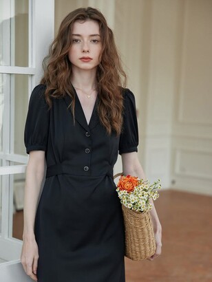 Simple Retro Raya V-neck Black Midi Dress - Black - ShopStyle