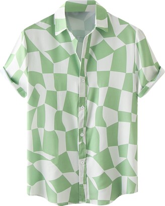 Adpan Mens Hawaiian Shirt Male Summer Casual Geometric Print Shirt Short  Sleeve Turn Down Collar Shirt Hawaiian Shirt Men Green - ShopStyle