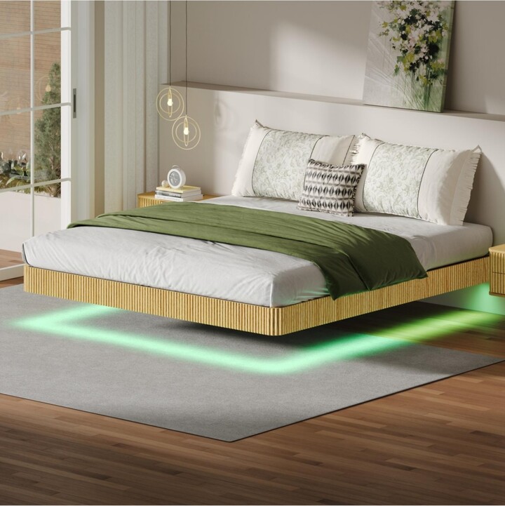 Streamdale Furniture Oak King Led Floating Bed Frame - Wave Texture Metal Slats