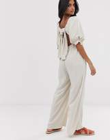 Thumbnail for your product : Lost Ink wide leg jumpsuit with puff sleeves linen