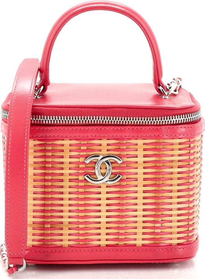 CHANEL Pink Leather And Rattan Small Vanity Case Silver Tone