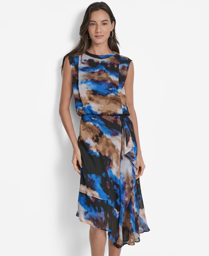 Dkny Women's Printed Blouson Asymmetric-Hem Dress