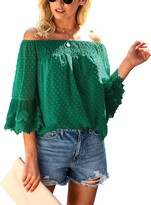 Thumbnail for your product : Kirundo Women's 2023 Spring Summer Off The Shoulder Tops Swiss Dot 3/4 Bell Sleeves Casual Chiffon Blouse Ruffle Tunic Top(Medium