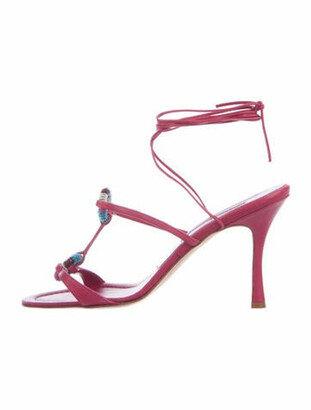 Manolo Blahnik Leather Beaded Accents T-Strap Sandals Pink