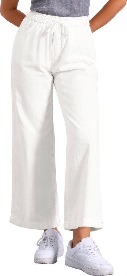 DARING DIVA Women’s Denim Pants Drawstring Wide Legs Jeans S White