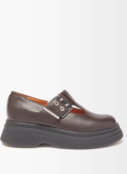 Ganni Leather Mary-jane Flatform Sandals - Burgundy - ShopStyle