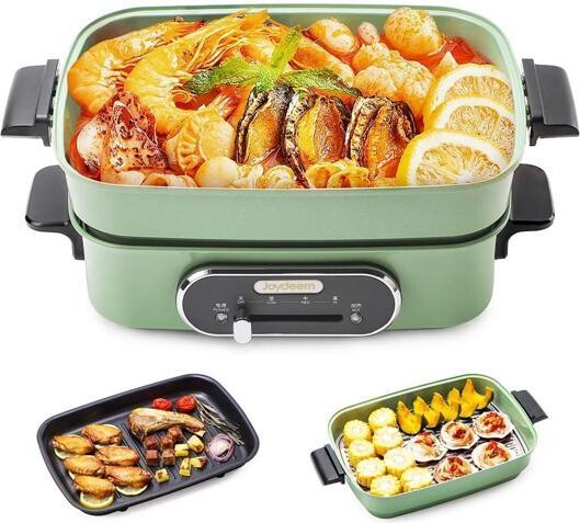 STARWELL Joydeem 3-in-1 Electric Hot Pot, Multi-use Shabu Shabu Pot with Grill Pan & Steamer, Non-stick Ceramic Oil Coating, UL Listed, JD-HG9088G, Green