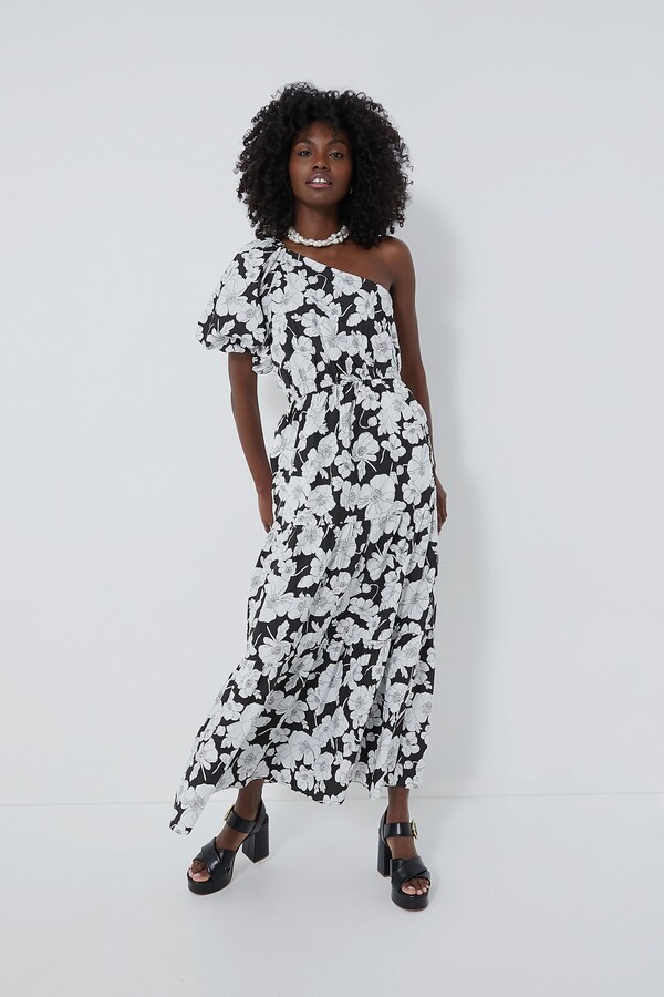 Hyacinth House Black & White Floral One Shoulder Maureen Maxi Dress