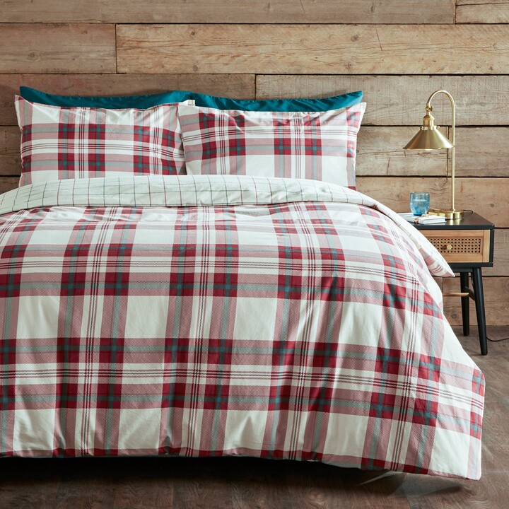 Dunelm Piper Red Check 100 Brushed Cotton Duvet Cover and Pillowcase