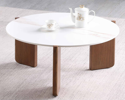 Chintaly Imports Marbleized Sintered Stone Top Cocktail Table w/ Wooden Base