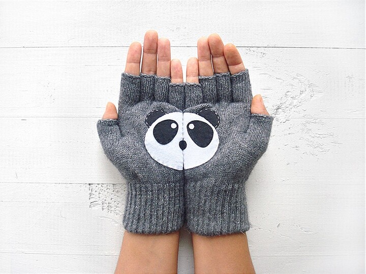 Fingerless Gray Gloves With Panda, Unique Accessories For Panda Lover, Handmade Valentines Day Gift, Cozy Valentine Clothing, Birthday Gift