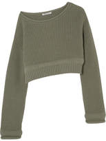 T by Alexander Wang - Cropped Off-the-shoulder Cotton-blend Sweater - Army green