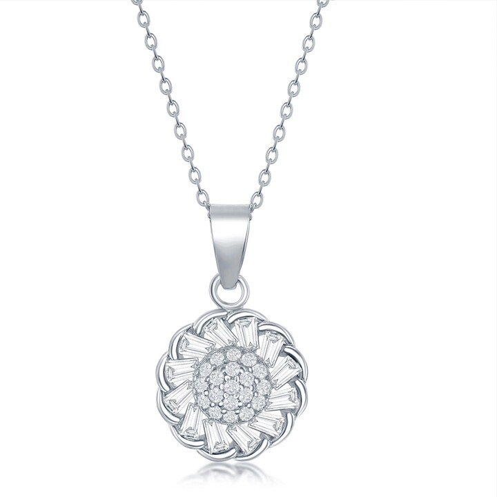 Simona Sterling Silver Micro Pave Center & Baguette CZ Border Flower Design Necklace