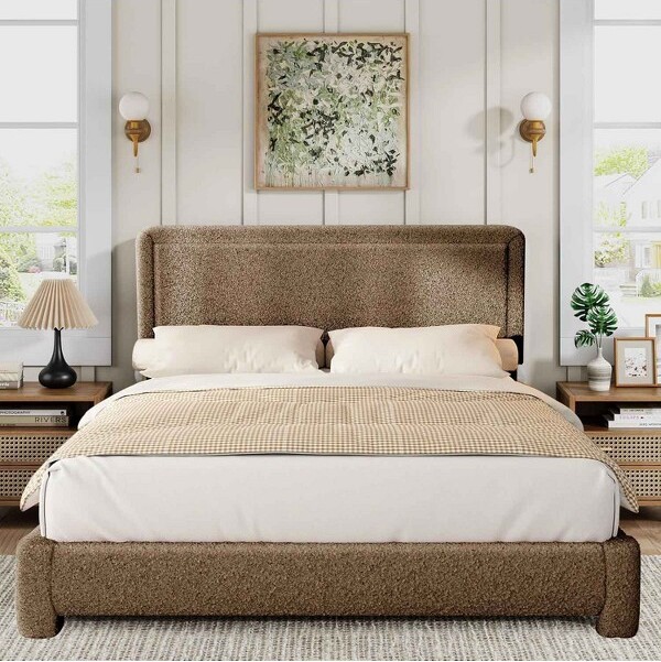 Vipbear QueenSizeBoucleBedFrameBrownUpholsteredTeddyFabricBedFramewithHeadboardAdjustableHeadboardEasyAssembly